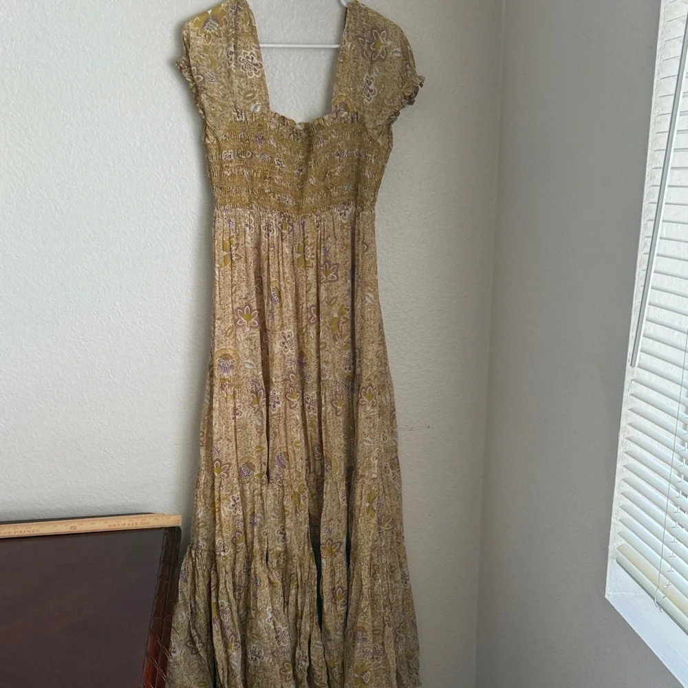 Free People getaway babydoll ruched Mustard tiered Floral Maxi Dress S